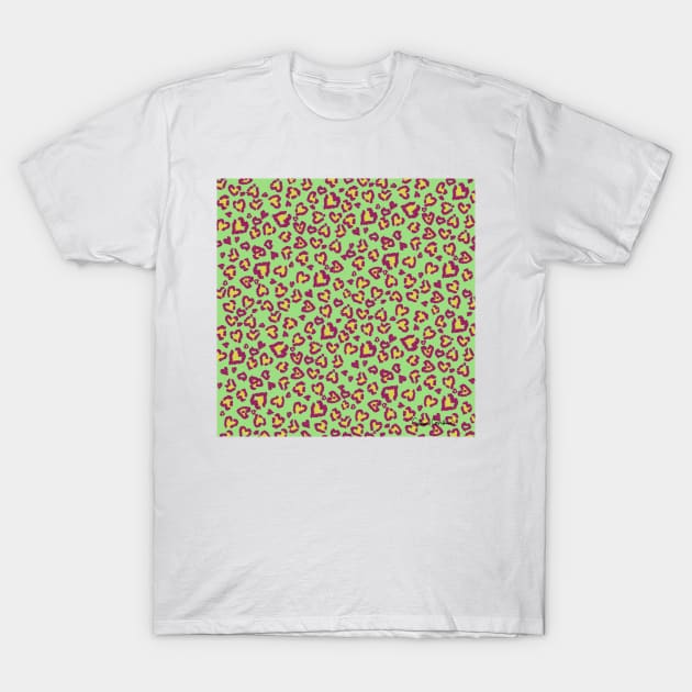 Valentine Leopard Pattern in Plum on Green T-Shirt by ButterflyInTheAttic